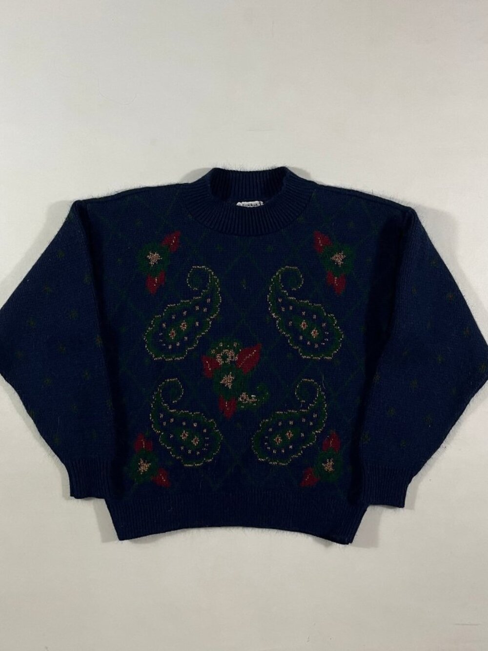 Vintage 90s Cricket Lane Navy Paisley Argyle Mock Neck Knit Sweater